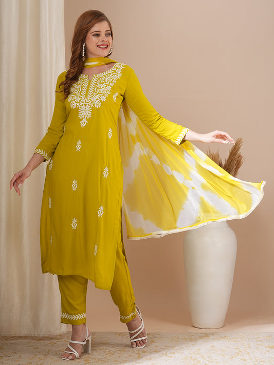 Floral Chikankari Embroidered Straight Kurta with Pant & Dupatta - Lime Green