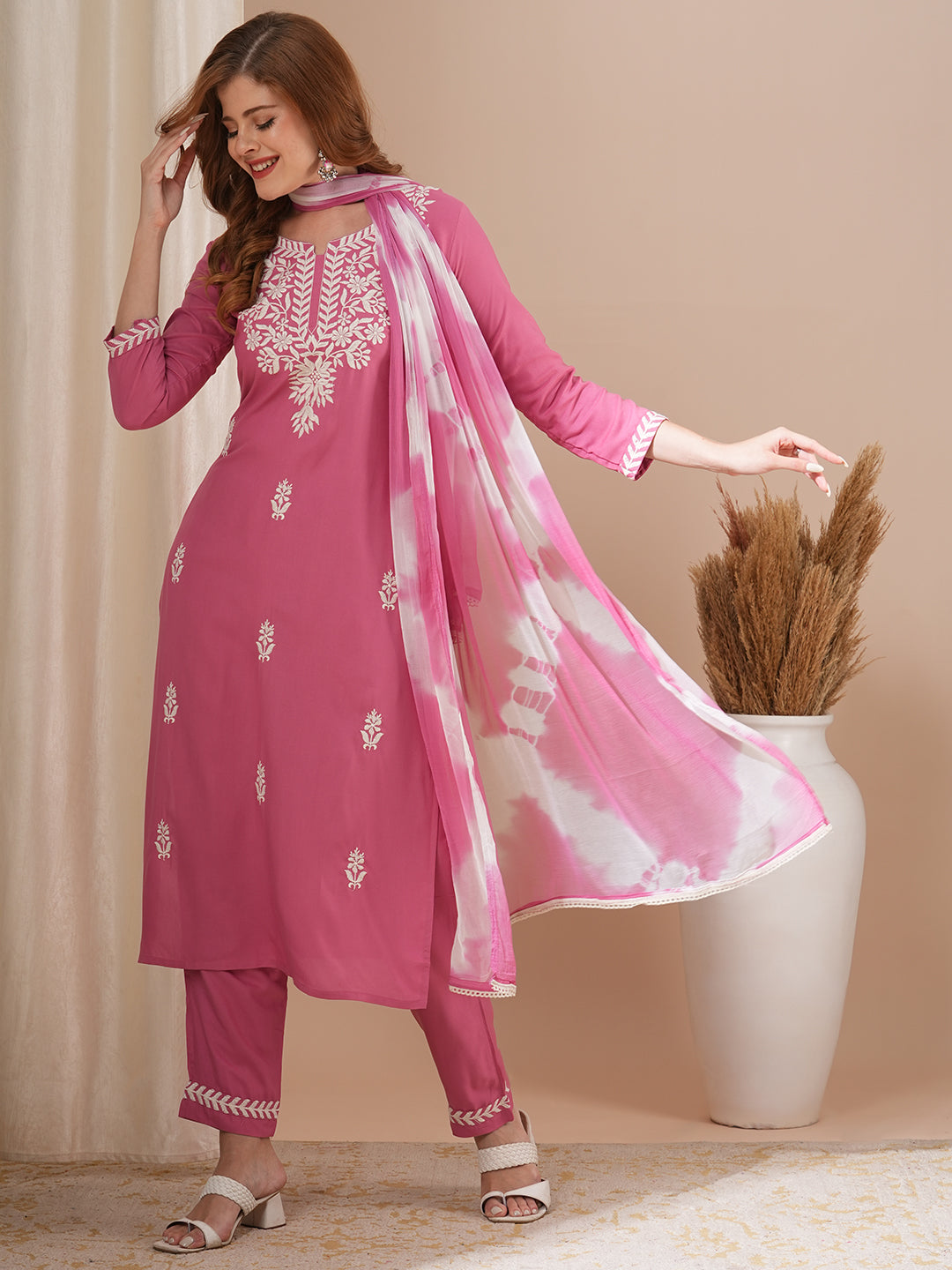 Floral Chikankari Embroidered Straight Kurta with Pant & Dupatta - Pink