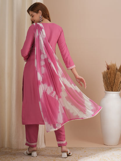 Floral Chikankari Embroidered Straight Kurta with Pant & Dupatta - Pink