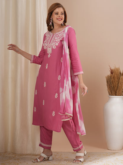 Floral Chikankari Embroidered Straight Kurta with Pant & Dupatta - Pink