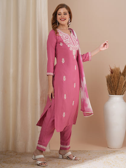 Floral Chikankari Embroidered Straight Kurta with Pant & Dupatta - Pink