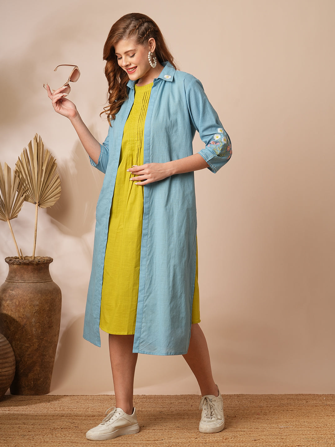 Solid Pin Tucked A-Line Dress with Floral Embroidered Jacket - Lime Green