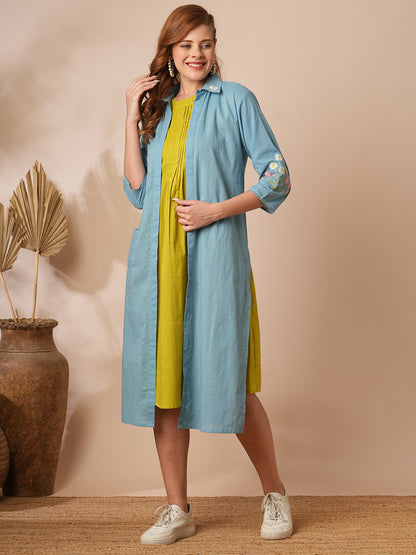 Solid Pin Tucked A-Line Dress with Floral Embroidered Jacket - Lime Green