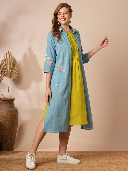 Solid Pin Tucked A-Line Dress with Floral Embroidered Jacket - Lime Green