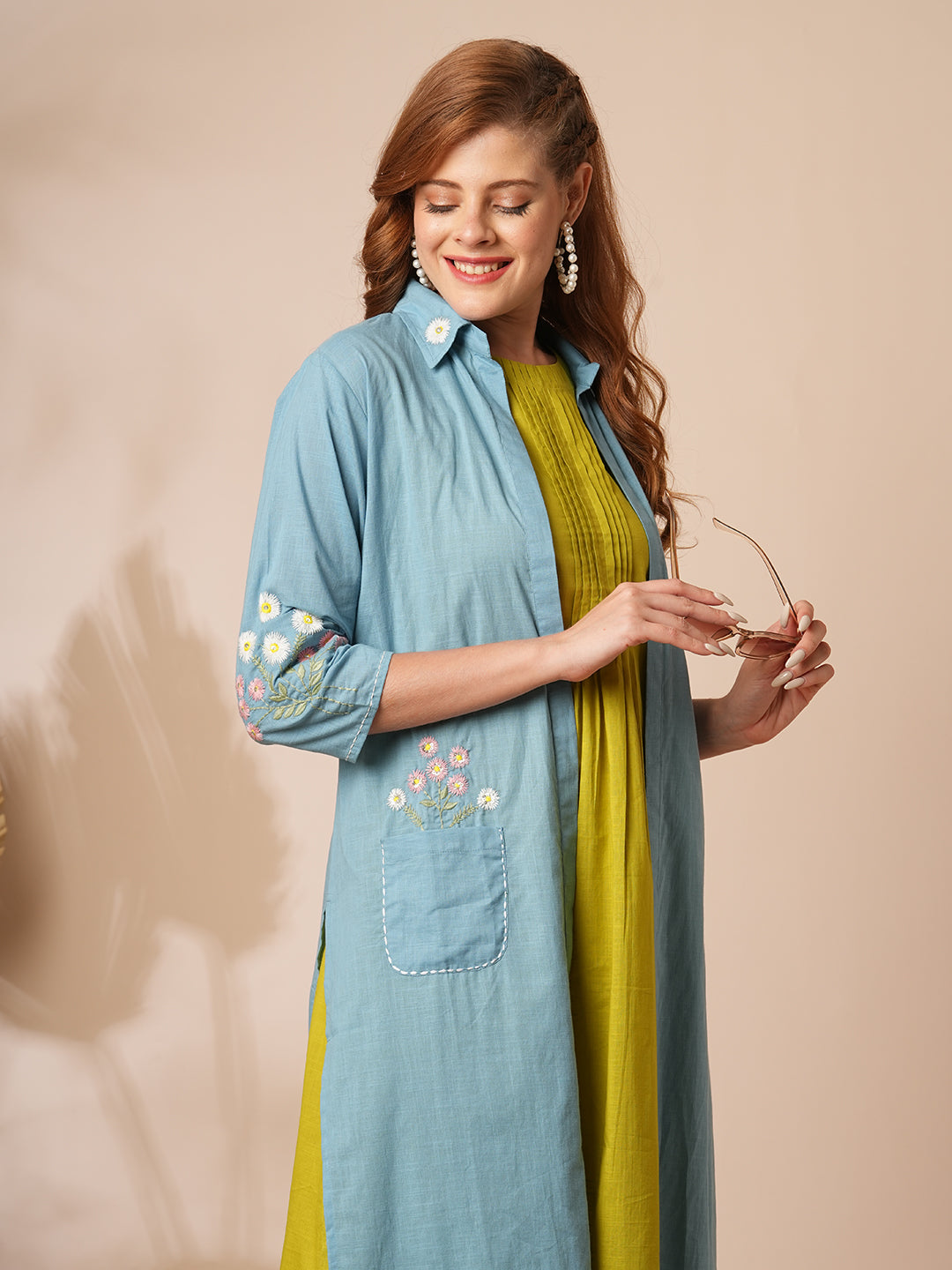 Solid Pin Tucked A-Line Dress with Floral Embroidered Jacket - Lime Green