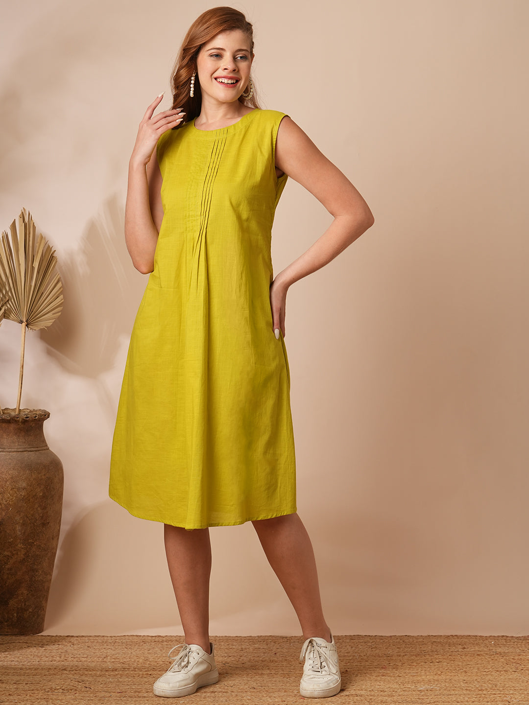 Solid Pin Tucked A-Line Dress with Floral Embroidered Jacket - Lime Green