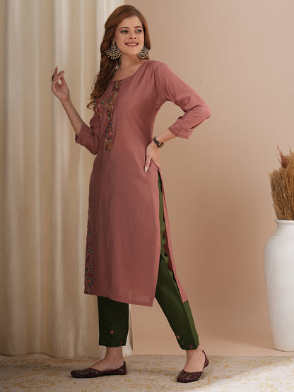 Solid Floral Hand Embroidered Straight Fit Kurta - Rose Gold