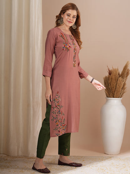 Solid Floral Hand Embroidered Straight Fit Kurta - Rose Gold