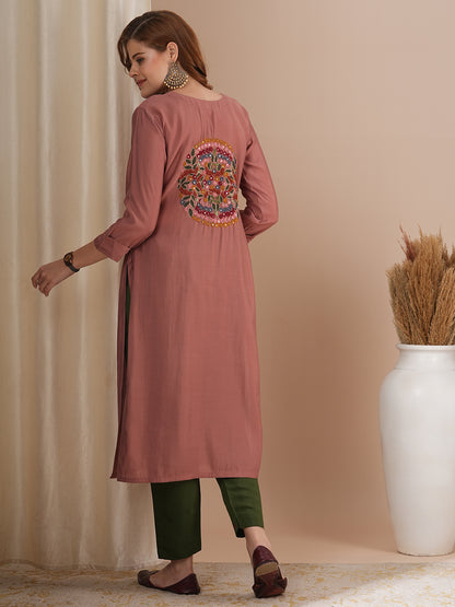 Solid Floral Hand Embroidered Straight Fit Kurta - Rose Gold