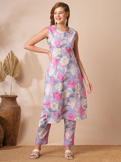 Abstract Floral Printed Straight Fit Co-ord Set - Purple