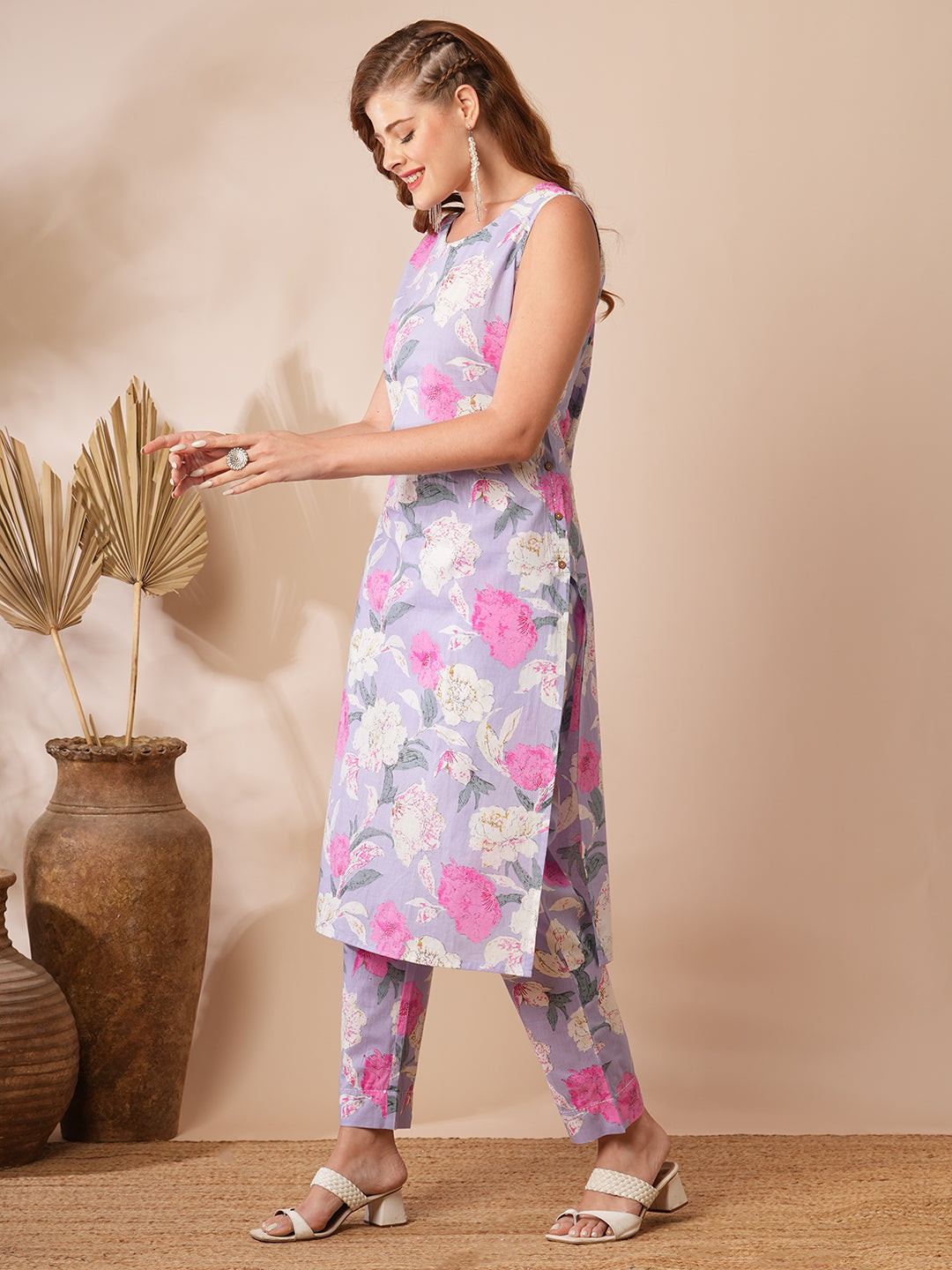 Abstract Floral Printed Straight Fit Co-ord Set - Purple