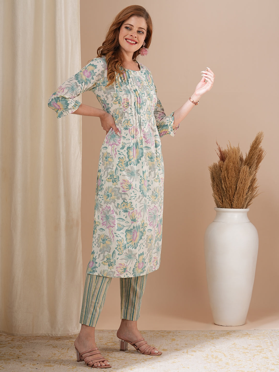 Abstract Floral Printed A-Line Pin Tucked Kurta with Pant - Multi