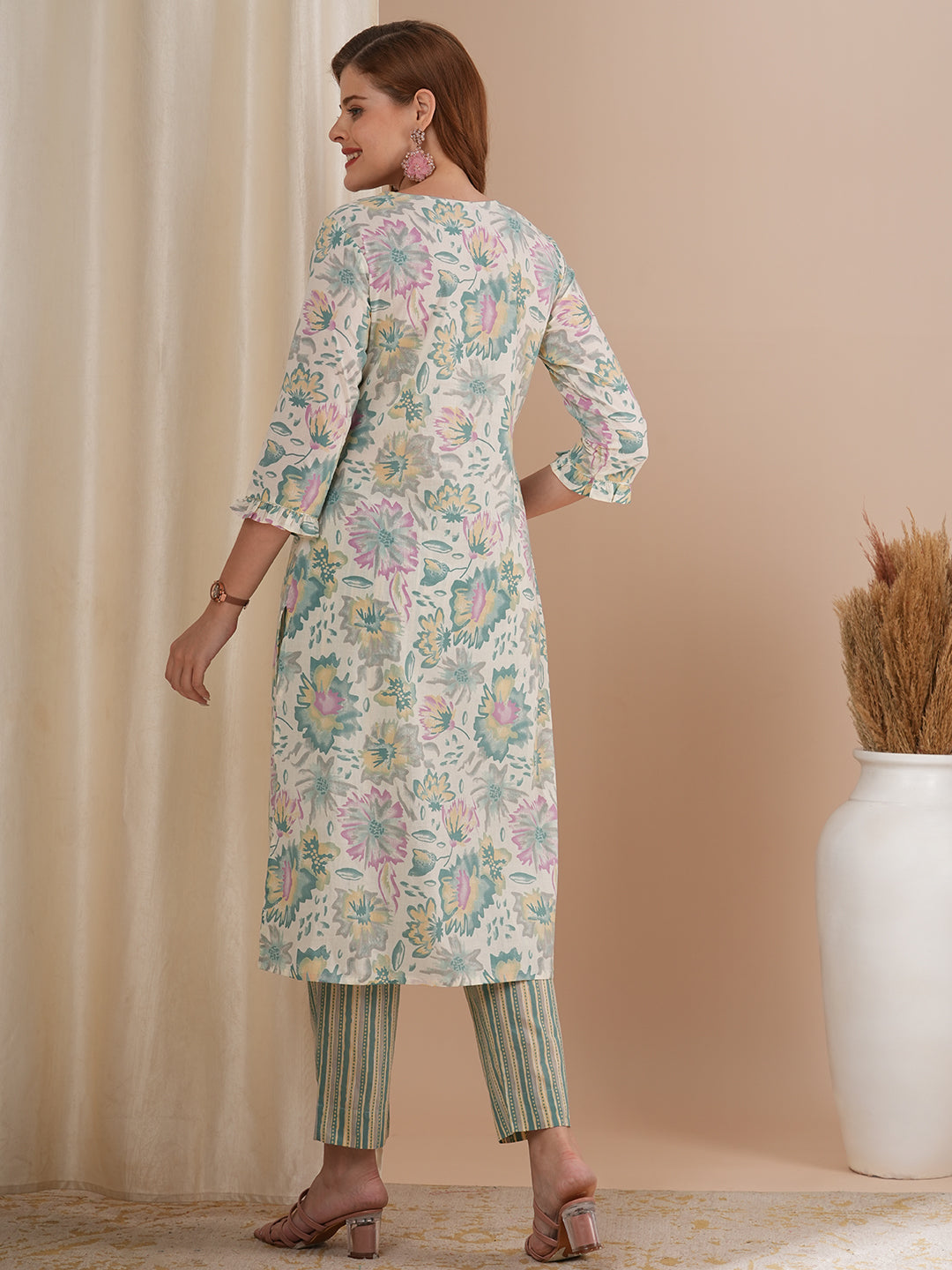 Abstract Floral Printed A-Line Pin Tucked Kurta with Pant - Multi