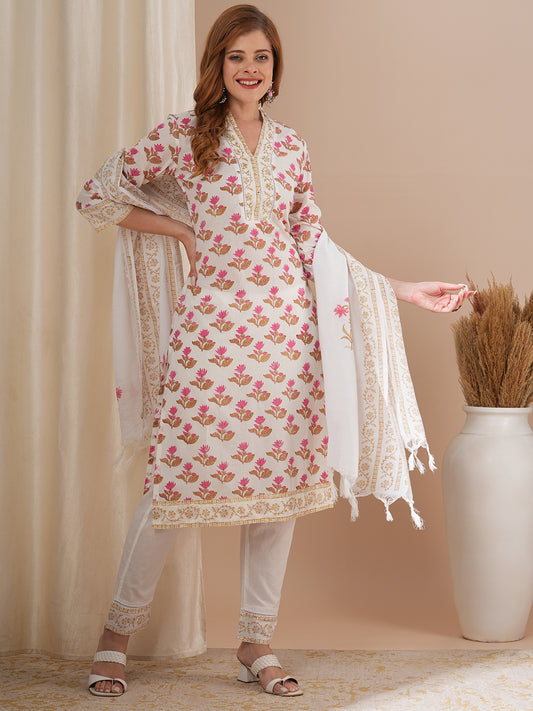 Floral Printed & Embroidered Straight Kurta with Pant & with Printed Dupatta – Off White