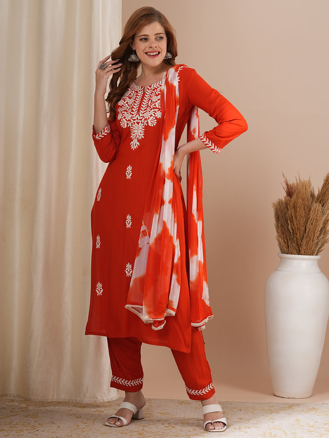 Floral Chikankari Embroidered Straight Kurta with Pant Dupatta Rust