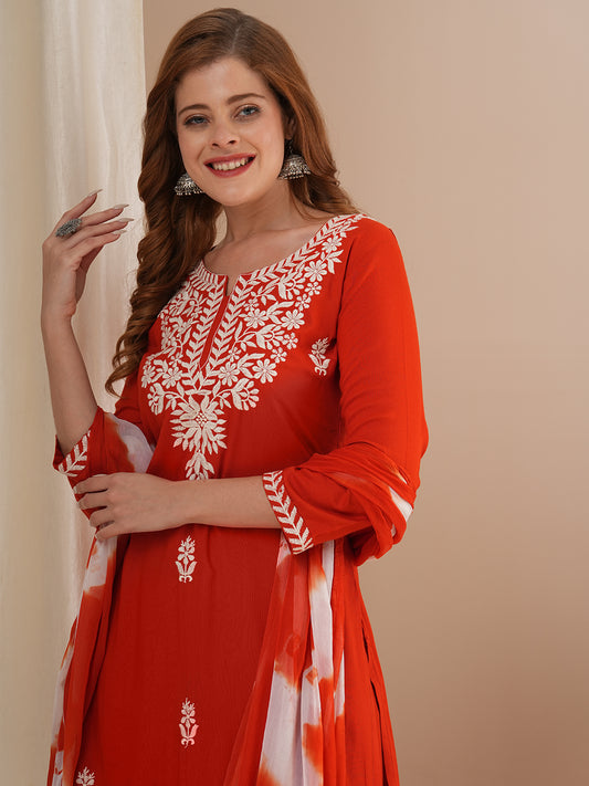 Floral Chikankari Embroidered Straight Kurta with Pant & Dupatta - Rust