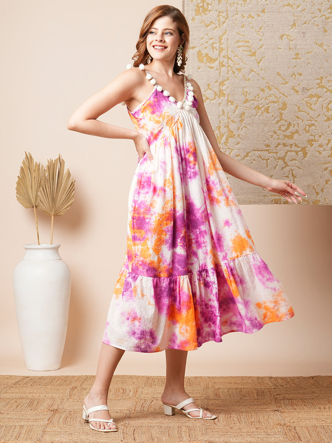 Shibori Tie-Dyed & Embroidered Cotton Dobby A-Line Pleated Midi Dress - Multi