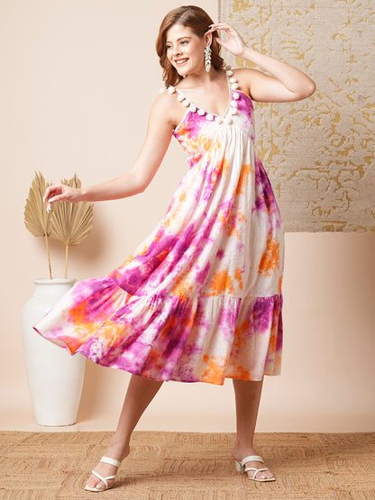 Shibori Tie-Dyed & Embroidered Cotton Dobby A-Line Pleated Midi Dress - Multi