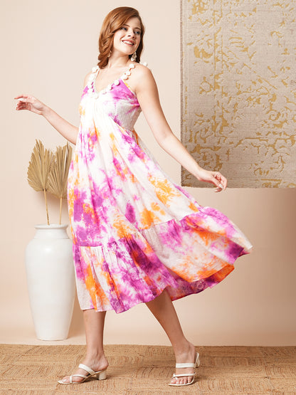 Shibori Tie-Dyed & Embroidered Cotton Dobby A-Line Pleated Midi Dress - Multi