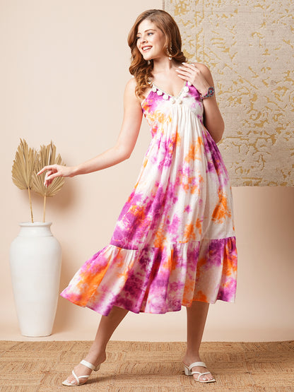 Shibori Tie-Dyed & Embroidered Cotton Dobby A-Line Pleated Midi Dress - Multi