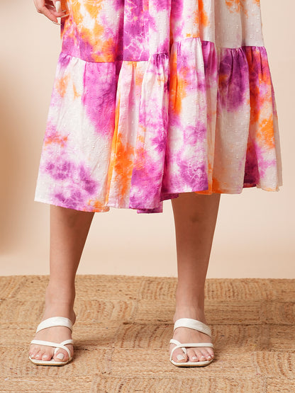 Shibori Tie-Dyed & Embroidered Cotton Dobby A-Line Pleated Midi Dress - Multi