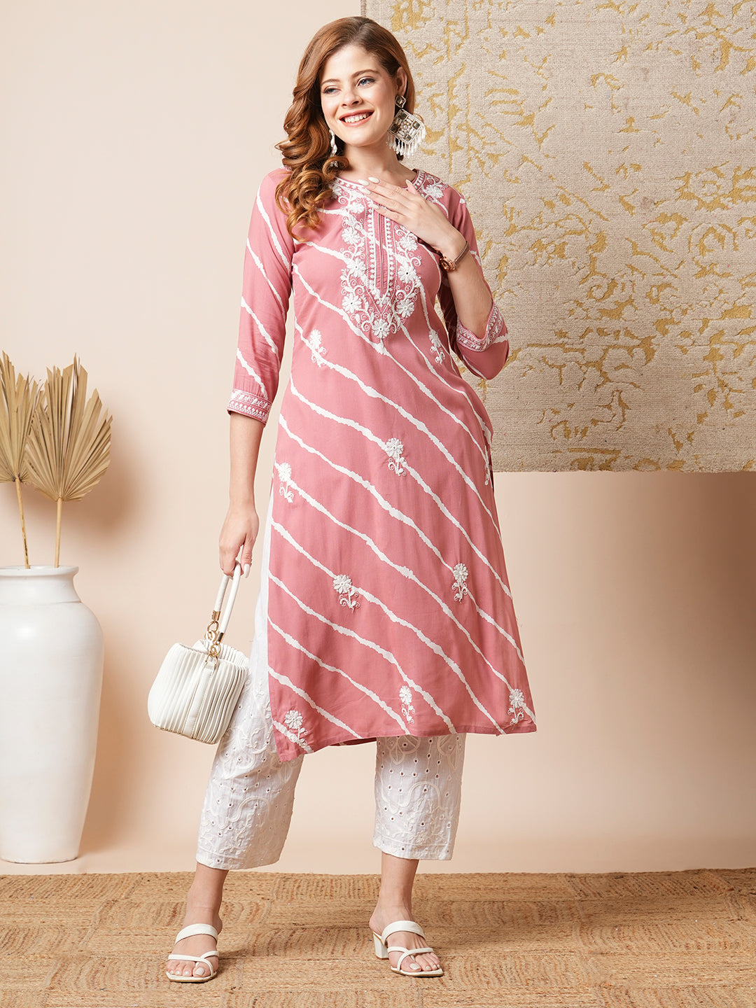 Floral Chikankari Embroidered & Leheriya Printed Straight Fit Kurta - Rose Gold