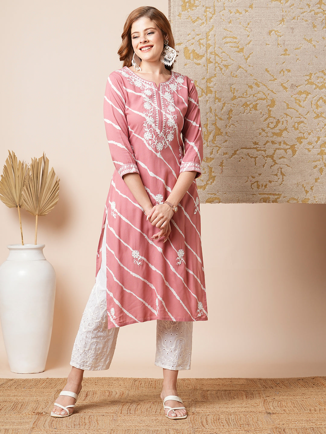 Floral Chikankari Embroidered & Leheriya Printed Straight Fit Kurta - Rose Gold