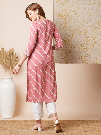 Floral Chikankari Embroidered & Leheriya Printed Straight Fit Kurta - Rose Gold