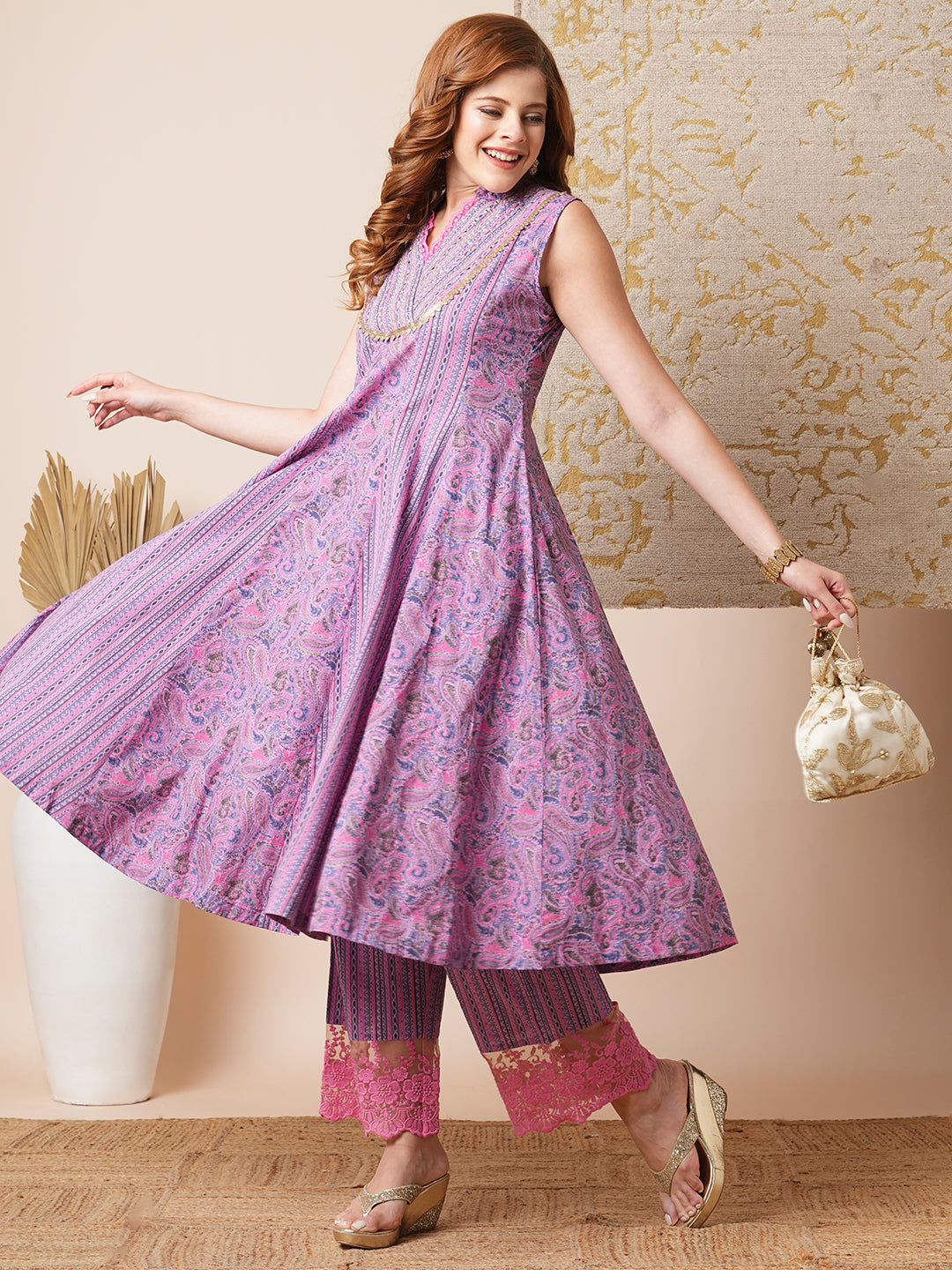 Ethnic Stripes & Paisley Printed & Embroidered A-Line Paneled Kurta with Palazzo - Lavender