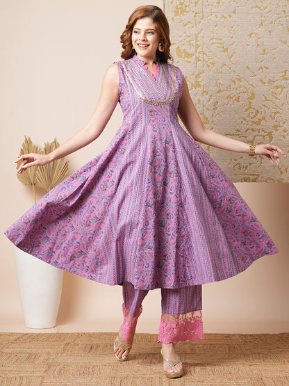 Ethnic Stripes & Paisley Printed & Embroidered A-Line Paneled Kurta with Palazzo - Lavender