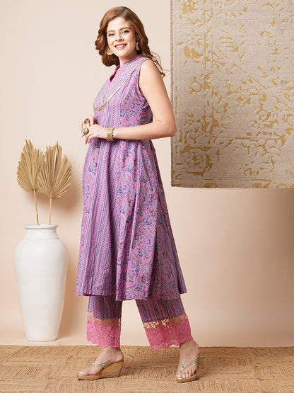 Ethnic Stripes & Paisley Printed & Embroidered A-Line Paneled Kurta with Palazzo - Lavender