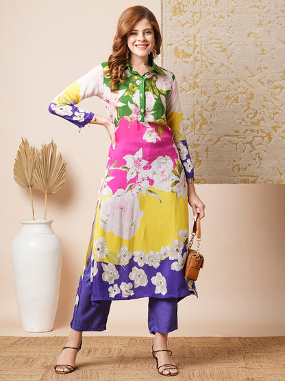 Abstract Floral & Stripes Printed & Embroidered Straight Fit Kurta with Pant - Multi