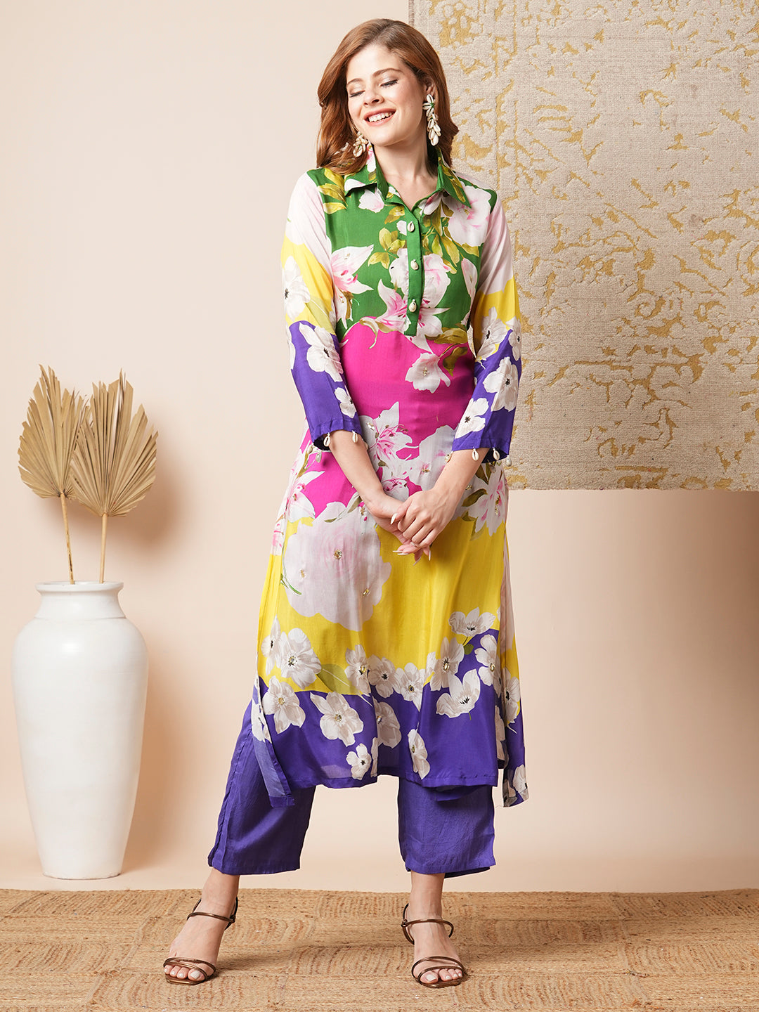 Abstract Floral & Stripes Printed & Embroidered Straight Fit Kurta with Pant - Multi