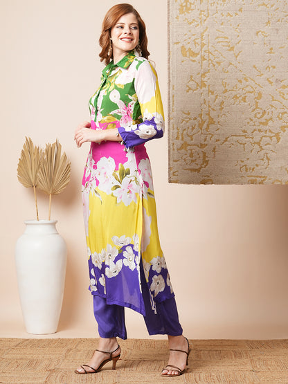 Abstract Floral & Stripes Printed & Embroidered Straight Fit Kurta with Pant - Multi