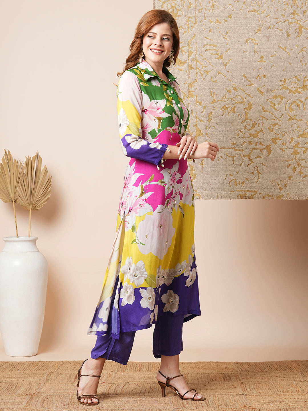 Abstract Floral & Stripes Printed & Embroidered Straight Fit Kurta with Pant - Multi