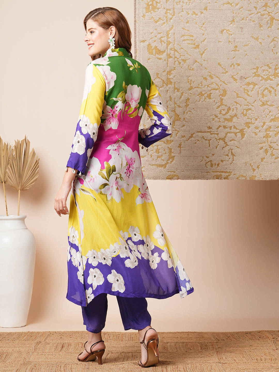 Abstract Floral & Stripes Printed & Embroidered Straight Fit Kurta with Pant - Multi