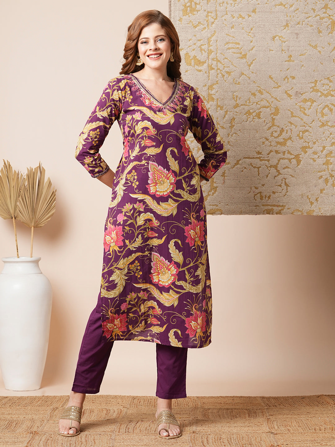 Ethnic Floral Printed & Embroidered Straight Fit Kurta with Pant - Purple