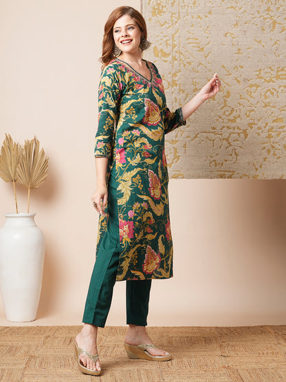 Ethnic Floral Printed & Embroidered Straight Fit Kurta with Pant - Green