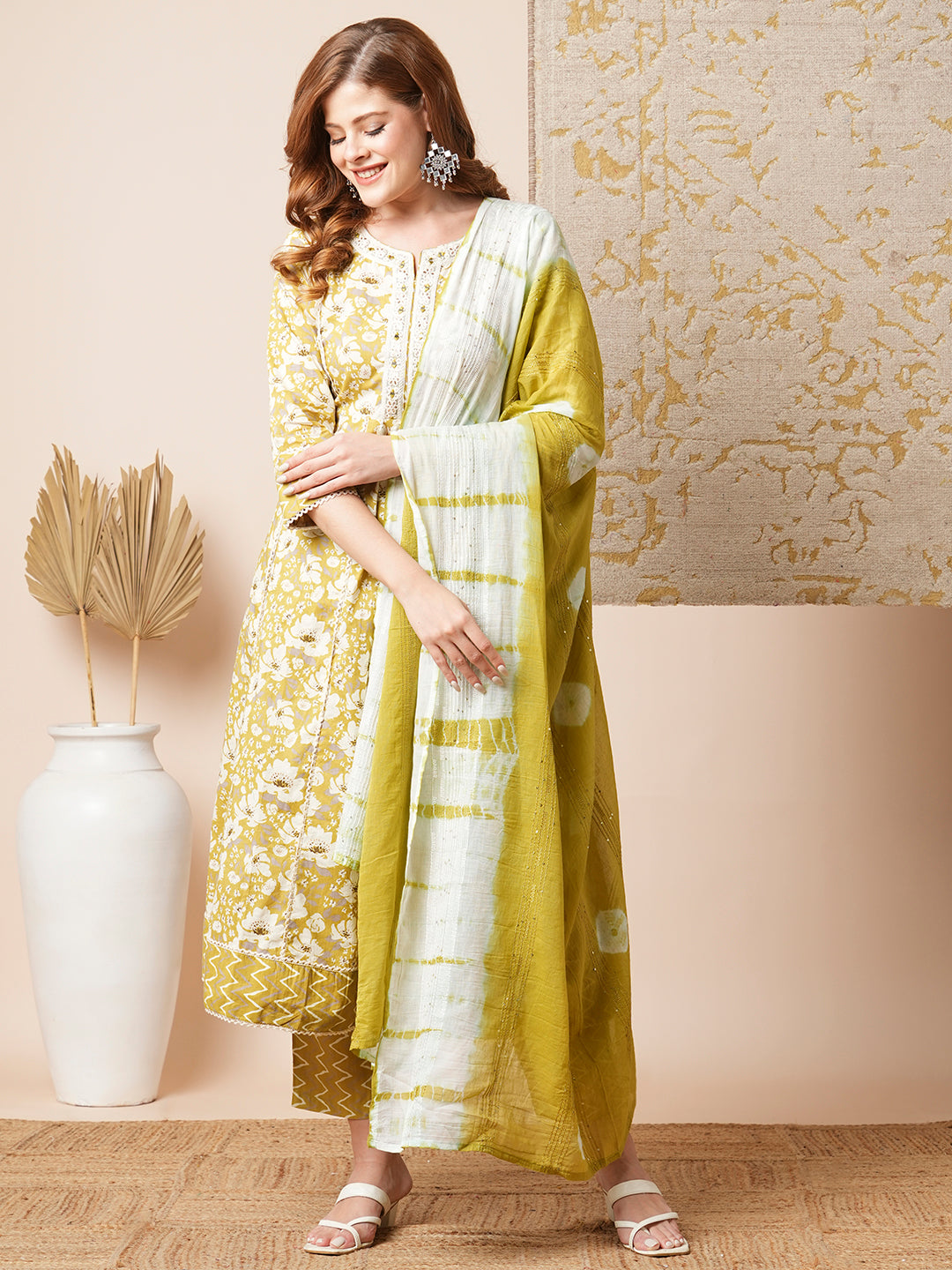 Floral & Chevron Printed Embroidered Anarkali with Pant & Tie Dyed Dupatta - Mustard Green