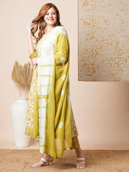 Floral & Chevron Printed Embroidered Anarkali with Pant & Tie Dyed Dupatta - Mustard Green