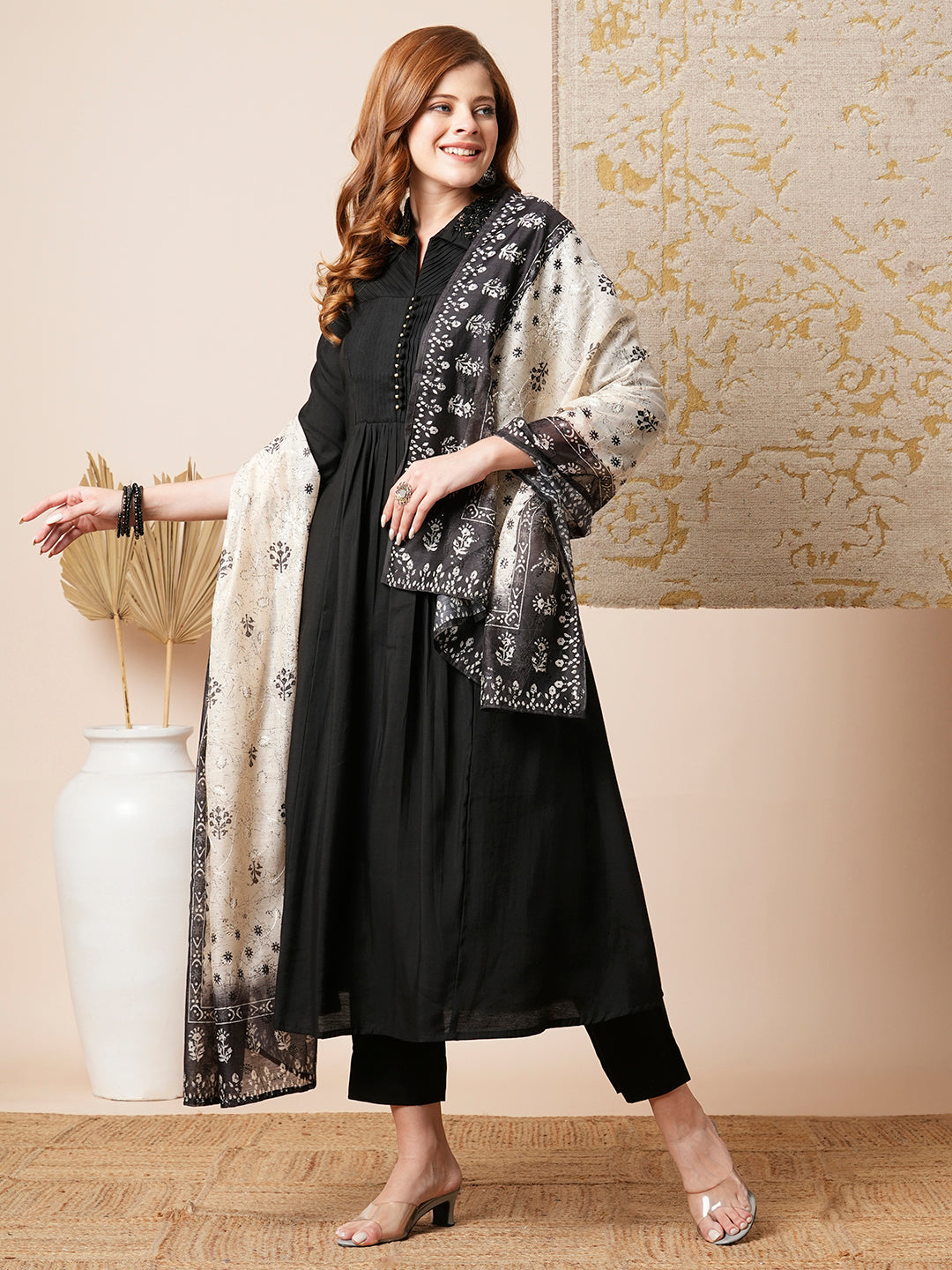 Solid Pin Tucked A-Line Paneled Kurta with Pant & Printed Dupatta - Black