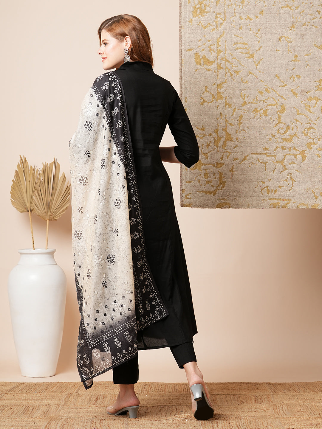 Solid Pin Tucked A-Line Paneled Kurta with Pant & Printed Dupatta - Black