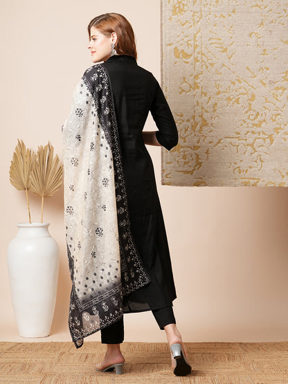 Solid Pin Tucked A-Line Paneled Kurta with Pant & Printed Dupatta - Black