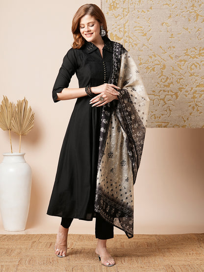 Solid Pin Tucked A-Line Paneled Kurta with Pant & Printed Dupatta - Black