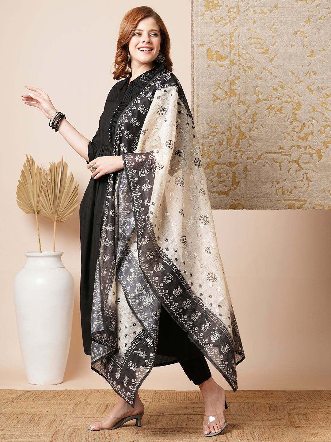 Solid Pin Tucked A-Line Paneled Kurta with Pant & Printed Dupatta - Black