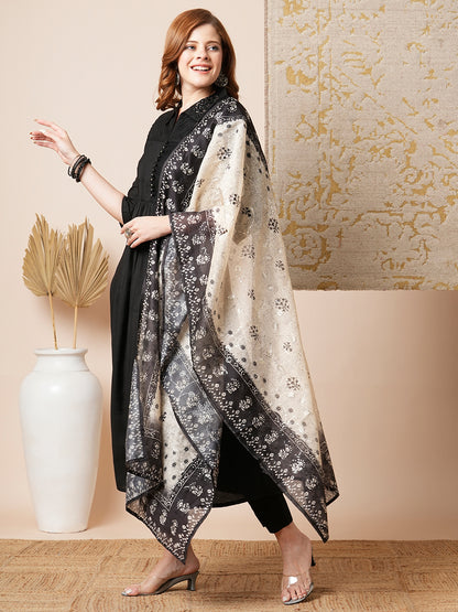 Solid Pin Tucked A-Line Paneled Kurta with Pant & Printed Dupatta - Black