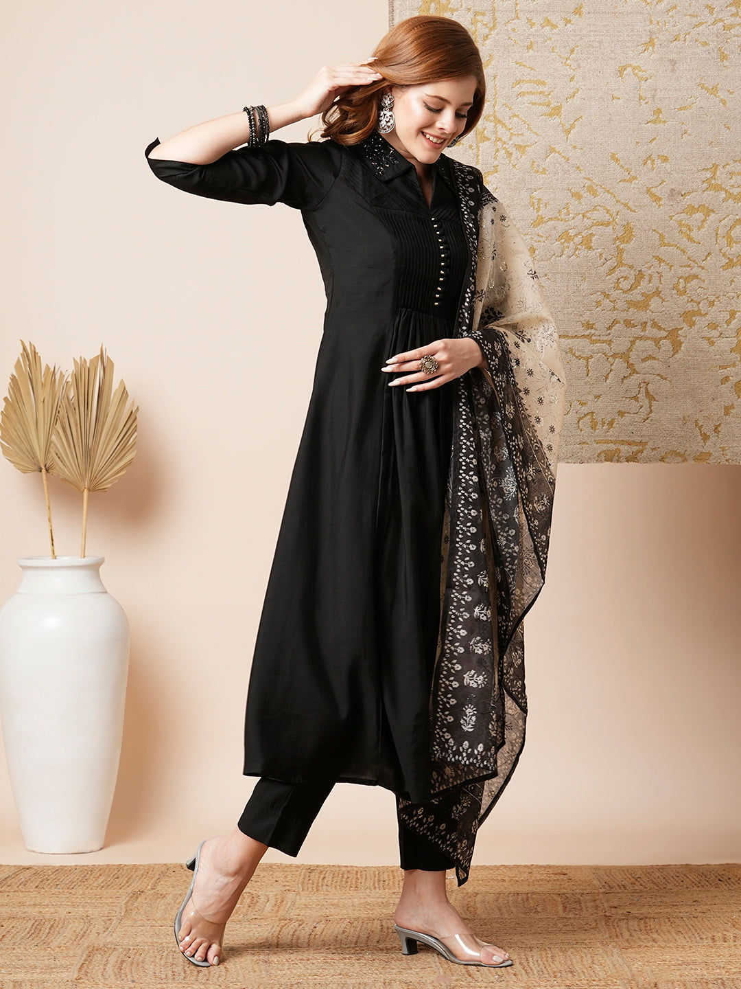 Solid Pin Tucked A-Line Paneled Kurta with Pant & Printed Dupatta - Black