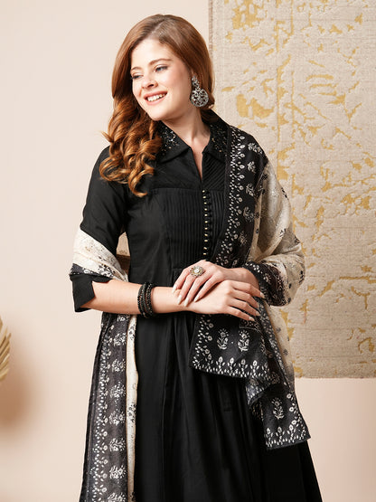 Solid Pin Tucked A-Line Paneled Kurta with Pant & Printed Dupatta - Black