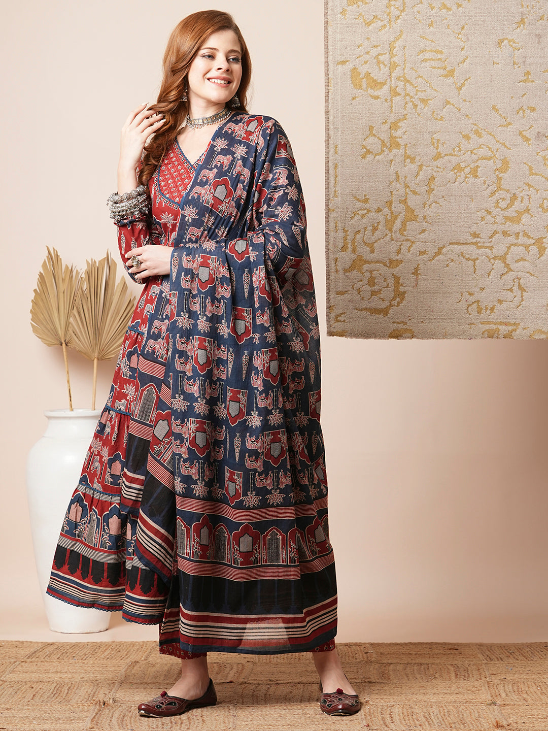 Ethnic Floral Printed A-Line Tiered Kurta with Pant & Dupatta - Rust