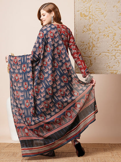 Ethnic Floral Printed A-Line Tiered Kurta with Pant & Dupatta - Rust